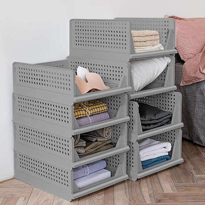 UGL Stackable Wardrobe Storage Box Organizers, Plastic Detachable Baskets Closet Containers, for Kitchen Cabinet, Pantry, Closet, Bedroom, Bathroom Organization, (Grey, 4 Set)