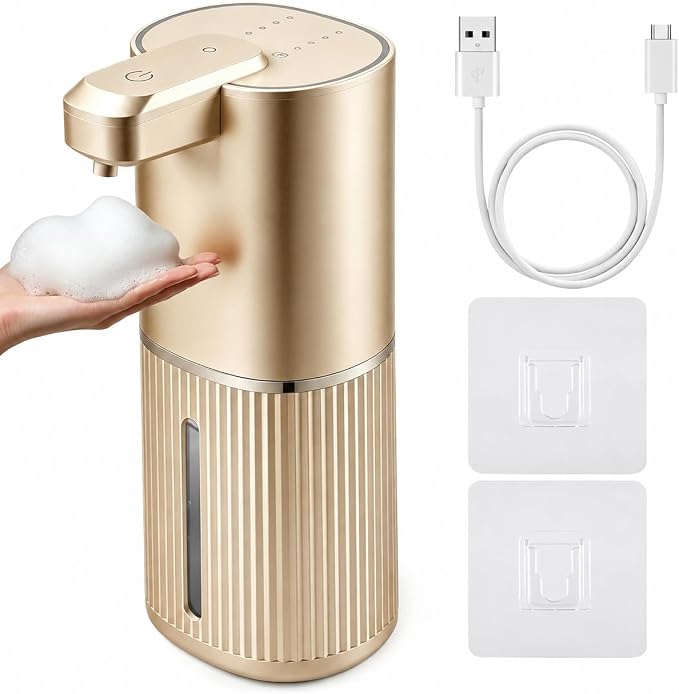 Automatic Soap Dispenser, Foaming Soap Dispenser Touchless with Continuous Dispensing, 4-Level Adjustable, Rechargeable Hand Soap Dispensers, Wall Mounted or Countertop for Bathroom & Kitchen