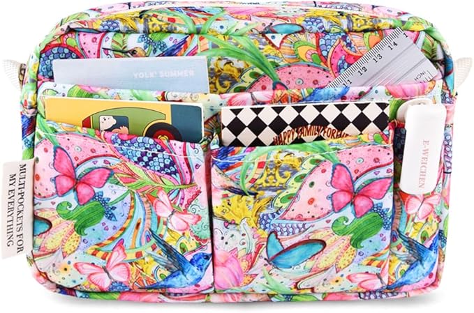 E-WEICHEN Multiple Pockets Portfolio Organizer with Zippered, Makeup Bag Travel Essentials for Women, Simple Waterproof Stationery Pencil Pouch Bag for Journal Office Art Supplies.Flowers and Birds