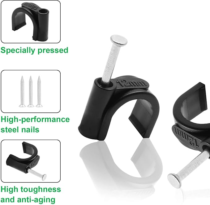 Black Half Clamp J-Hook with Nail, 0.16inch/4mm, 200pcs | For Pex Tubing Pipe Support