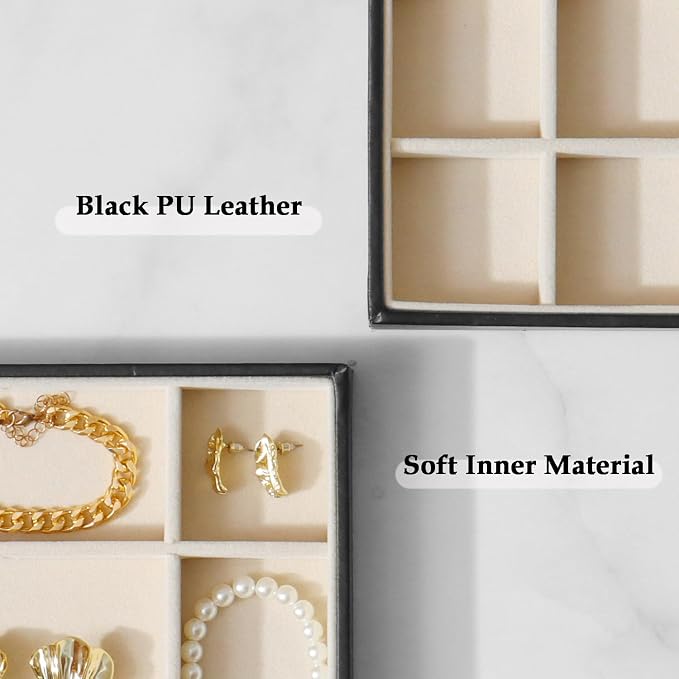 Large Jewelry Organizer Tray 2 Pack, Stackable Jewelry Storage Holder for Drawer Inserts, PU Leather Velvet Jewellery Display Case for Earring Bracelet Necklace Ring (Black Beige, 24 Grids)