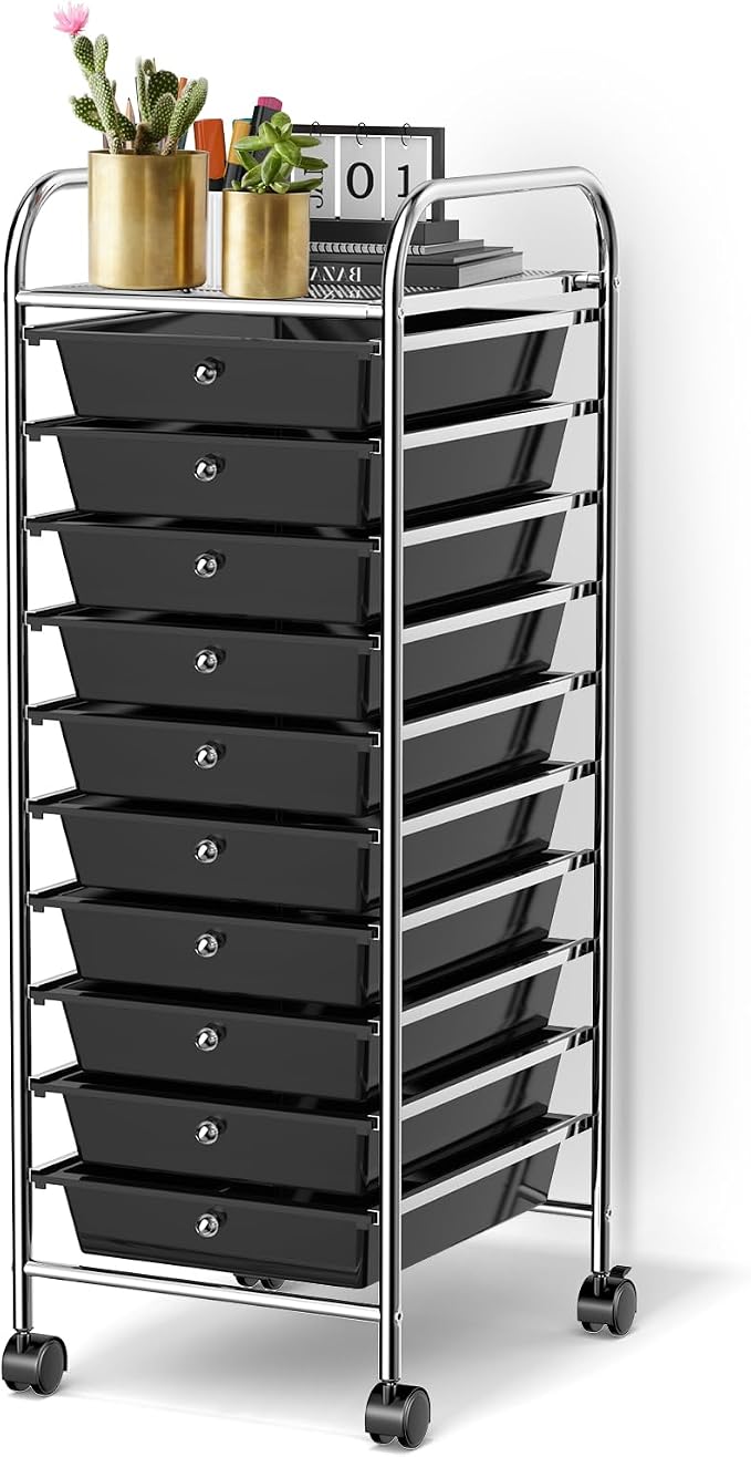 DREAMADE Rolling Cart with Storage Drawers, Utility Cart with Removable Plastic Drawers, Lockable Wheels, Art Cart for Classroom Organization Art Supplies Office Scrapbook (10 Drawers, Black)