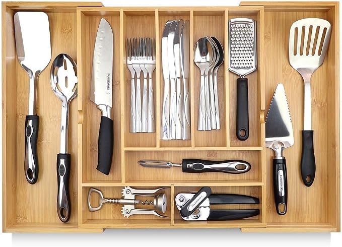 Pristine Bamboo Silverware Organizer - Expandable Kitchen Drawer Organizer - Adjustable Kitchen Drawer Organizer for Utensils, Expandable to 22 Inches Wide, 10 Compartments, Silverware Tray for Drawer | Expandable Kitchen Drawer Organizer for Utensils,...