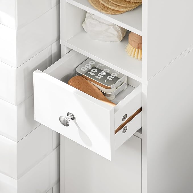 SoBuy Narrow Bathroom Storage Cabinet, 7.8 x 7.8 x 70.8 in, White | Anti-Tipping Narrow Freestanding Bathroom Cabinet With Adjustable Shelves, Slim Storage For Tight Bathroom Corners, BZR34-W