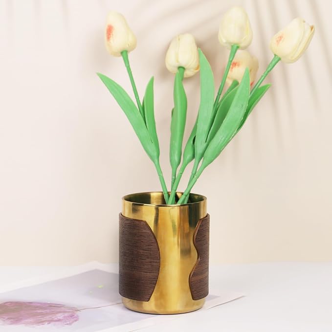 MultiBey Gold Pencil Holder Cup, Luxury Walnut Pen Holder Metal Organizer Small Vase, Offices Stationery Makeup Brushes Holder Decoration Desk Accessory for Office Home | Offices Stationery Makeup Brushes Pen Cup Decoration Desk Accessory for Office Home