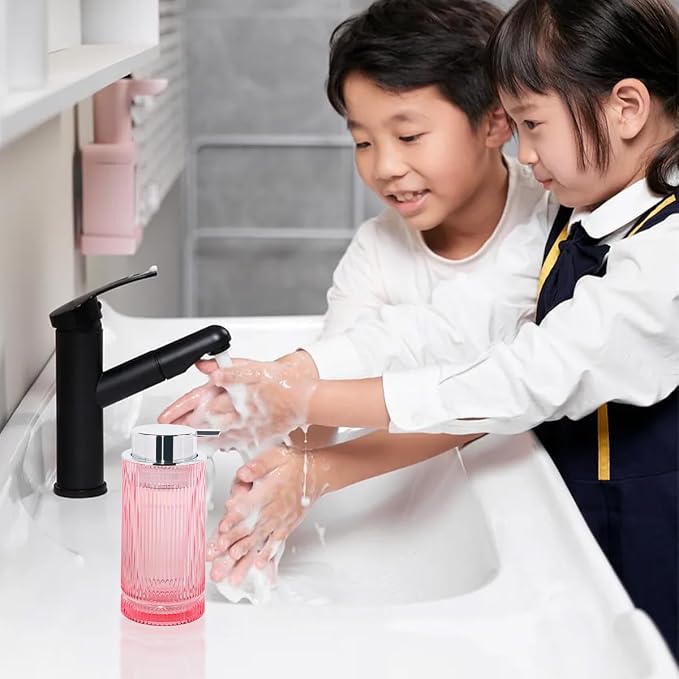 Foaming Soap Dispenser, Glass Foam Hand Soap Dispenser with Pump, 14 Oz Bathroom Refillable Liquid Lotion Pump Ribbed Bottle Container for Kitchen Countertop Decor (1, Pink Silver)