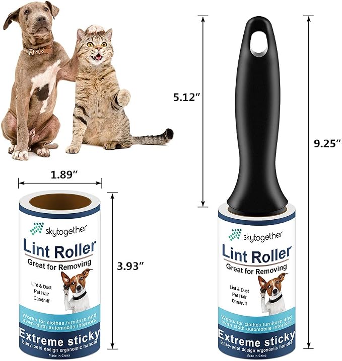 Lint Rollers for Pet Hair, 512 Sheets, 8 Refills + 2 Handles | Extra sticky removes dog cat fur, dust, fuzz, lint from clothes, couch, furniture & car seats. Travel size, easy tear sheets
