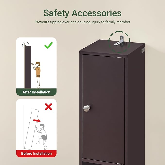 SoBuy Bathroom Storage Cabinet Adjustable Shelves, Tall Narrow, Brown | Freestanding Cupboard With Adjustable Shelves, Space-Saving Storage For Tiny Bathroom Gaps, BZR34-BR