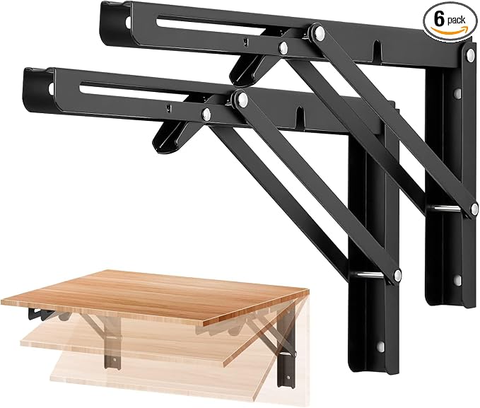 Ravinte Matte Black Folding Shelf Brackets, 12 Inch, 6 Pack | Collapsible Bracket Design, Table And Bench Support, Space-Saving Shelf Setup, For Worktops, Laundry Rooms, Garage Projects
