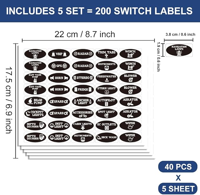 200 Pcs Boat Switch Panel Labels, Oval Marine Boat Dash Board Switch Instrument Panel Decal Sticker Universal Waterproof Switch Panel Labels Decal for Dashboard, Boats, RVs, Caravans