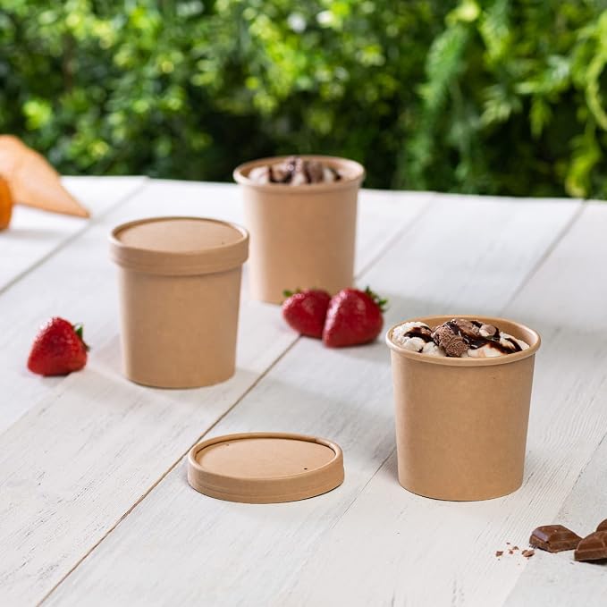 GUSTO 16 oz. Kraft Paper Food Containers with Vented Lids - [50 Count] To Go Hot Soup Bowls, Disposable Ice Cream Cups, Ideal for Hot and Cold Foods- (Formerly Comfy Package)