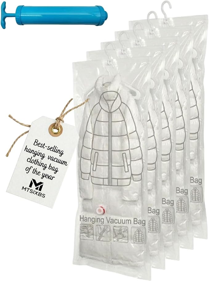 5 Pack Hanging Vacuum Storage Bags, Sealer Bags for Clothing Compression Suits and Jackets Travel and Home Organization Reusable Space Saver Three Sizes Large Medium and Small