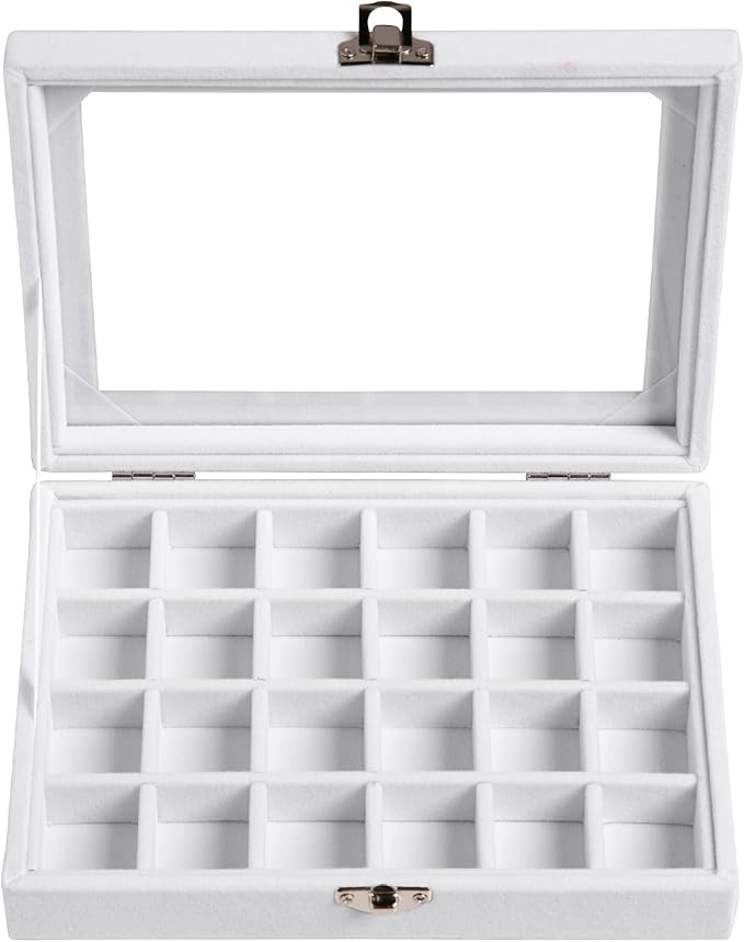 Frebeauty 24 Grid Earring Organizer,Small Velvet Jewelry Tray with Lid | Portable Jewelry Box for Rings Stud,Velvet Lining for Protecting Jewelry,Adjustable Dividers,Glass Lid for Clear Review