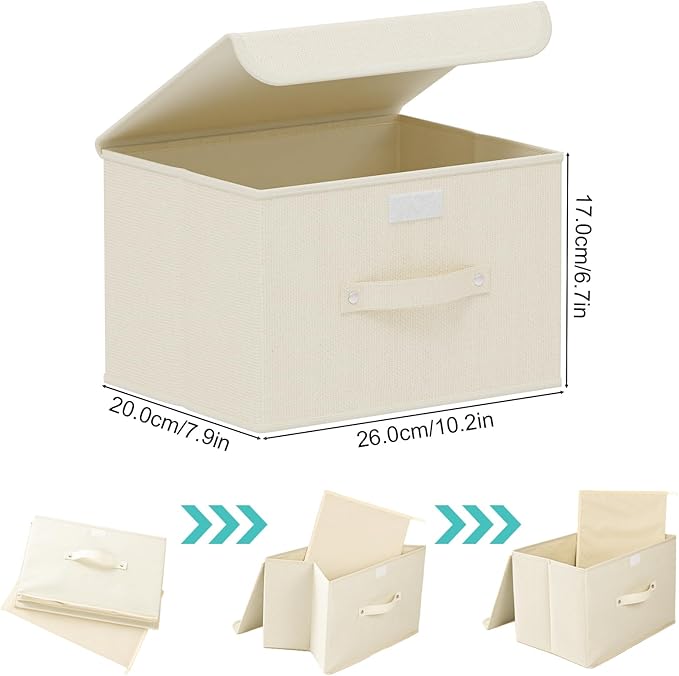 Storage Boxes, Collapsible Storage Bins with Lids, Cotton and linen cloth Storage Baskets with Handle, for Books, Closet, Bedroom, Home, 10.2x7.9x6.7 in, Beige