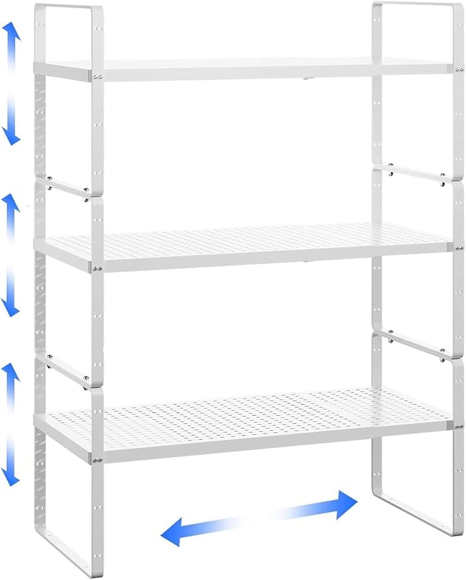 Expandable Kitchen Cabinet Shelf Organizer Rack Heavy Duty Metal Spice Rack Stackable Kitchen Counter Storage Shelf for Kitchen Cabinet Pantry Bathroom (White - 16.5"-27" L x 8" W x 9.6" H - 3Pack)