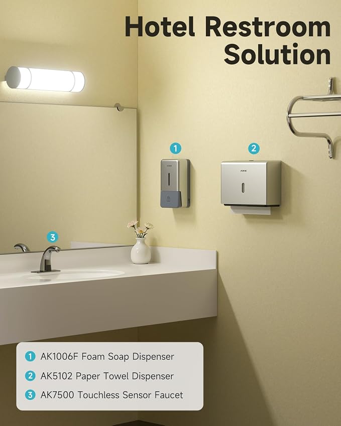 AIKE Foaming Commercial Soap Dispenser,27oz Capacity for Bathroom,Silver | No-Drill and Screw Wall Mount Design for Space-Saving,Large Button and Capacity Dense Foam for Commercial Bathroom,AK1006F