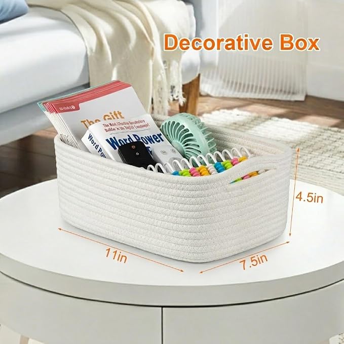 Small Storage Baskets for Organizing, Woven Storage Bins for Shelves, Gift Basket Empty, Cute Decorative Closet Organizer, Baby Rope Basket, Dog Toy Storage, 11x7.5x4.5”, 3Packs White