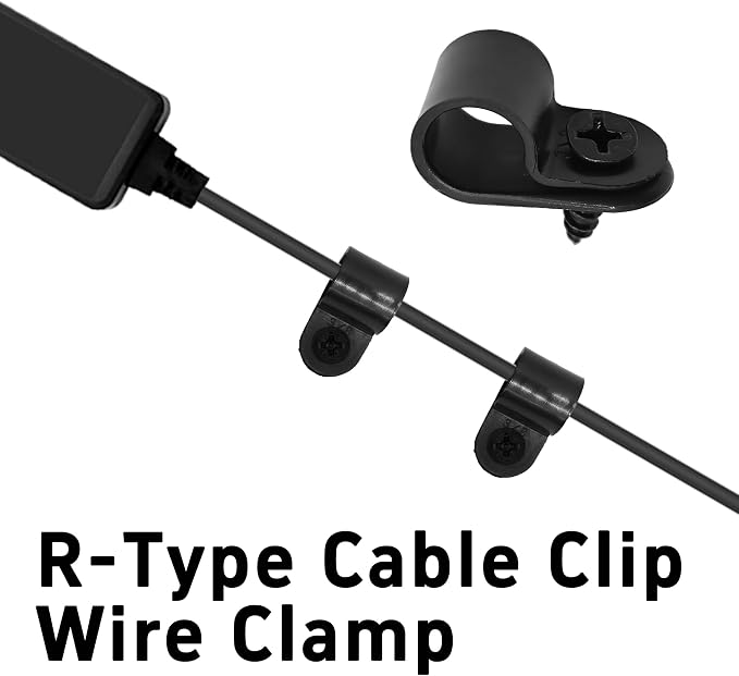 100Pcs R-Type Cable Clips 3/8" Black Nylon Plastic Wire Clamps with Mounting Screws, Cord Fastener Cable Management Organizer for Home Office Electrical Installation