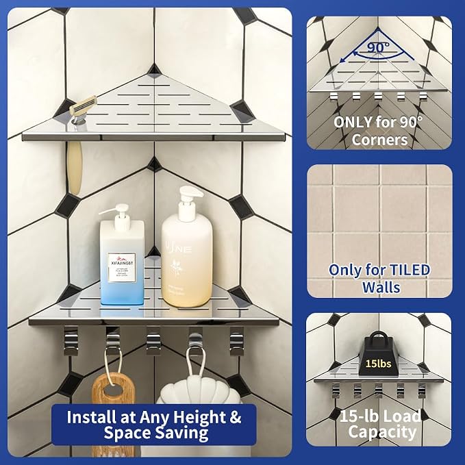 10‘’ Corner Shower Shelf | 304 Stainless Steel Shelves for Bathroom, Grout in Shelf with Hooks for Tiled Wall (Polished)