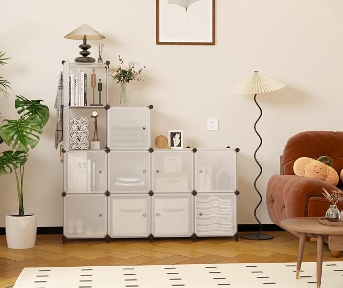 AWTATOS 12 Cube Storage Organizer, Closet Storage Shelves with Doors | Closet Organizers, DIY Stackable Storage Cube Shelf, Plastic Clothes Organizer Shelving for Bedroom, Home Office，Translucent