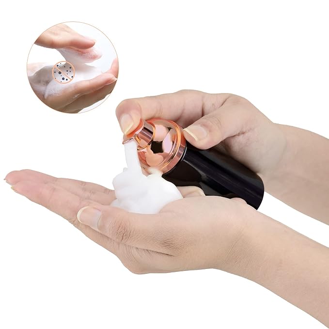 Travel Foam Pump Bottle - 2oz Small Size Foaming Hand Soap Dispenser - Mini Portable Mousse Lash Shampoo Kit Container for Hair - Empty Leak Proof Plastic Rose Gold &Black Foamer 3Pack