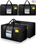 Extra Large Moving Bags, 4 Pack Heavy Duty Storage Bags Boxes Bins Totes with Hnadles Zippers Visible Window for Clothes College Dorm Travel, Black