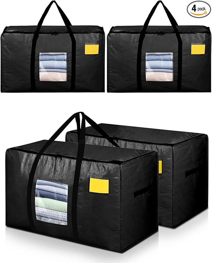Extra Large Moving Bags, 4 Pack Heavy Duty Storage Bags Boxes Bins Totes with Hnadles Zippers Visible Window for Clothes College Dorm Travel, Black