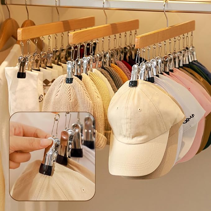 2026 Closet Organizer with 10 Clips, Space Saving Hanging Closet Storage for Hats, Scarves, Socks, Jeans, Skirts & Pants, Multi-Purpose Clothes Hanger with Clips (1PCS, Wood)