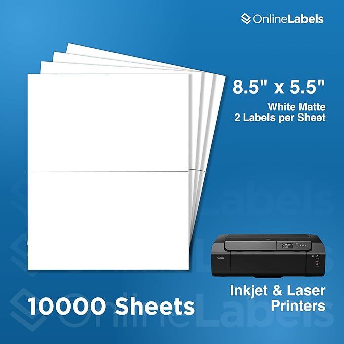 8.5 x 5.5 Half-Sheet Shipping Labels - Permanent, White Matte - for FBA, FedEx, UPS - Pack of 20,000 Labels, 10,000 Sheets - Inkjet/Laser Printers - Online Labels