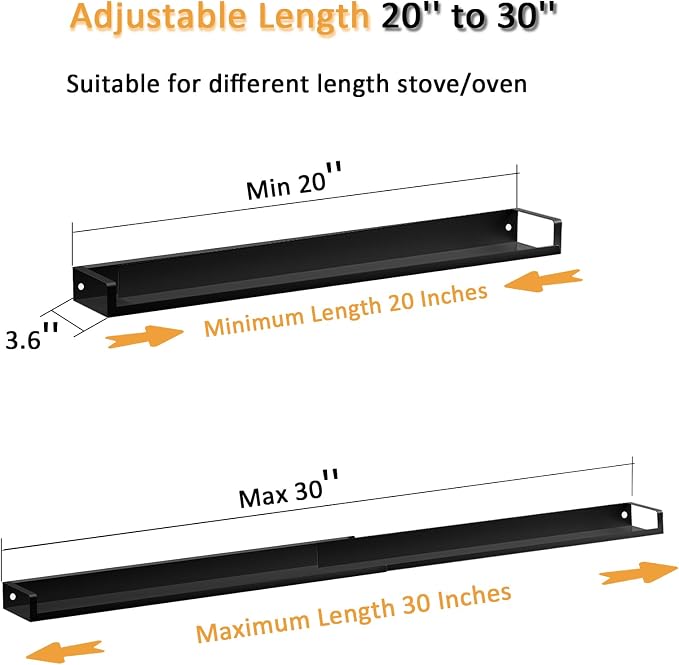 Magnetic Shelf for Stove Top, Adjustable 15"-30" Stove Top Shelf Kitchen Magnetic Spice Rack Organizer Storage, Stainless Steel, Metallic Black