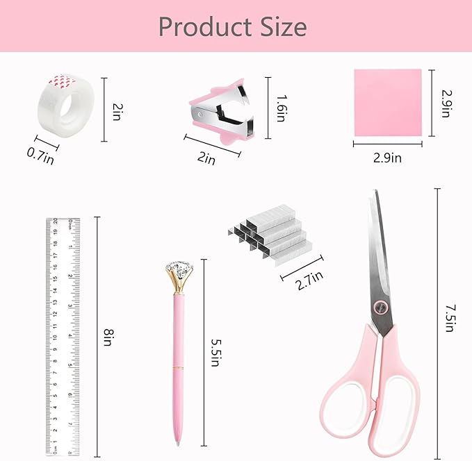 suniya Office Supplies,Desk Accessories,with Stapler,Tape Dispenser,Staple Remover,Scissor,Ballpoint Pen,Sticky Notes,Clear Tape,Staples,Desk Organizer,Ruler,Binder,Best Gift Set(Pink)
