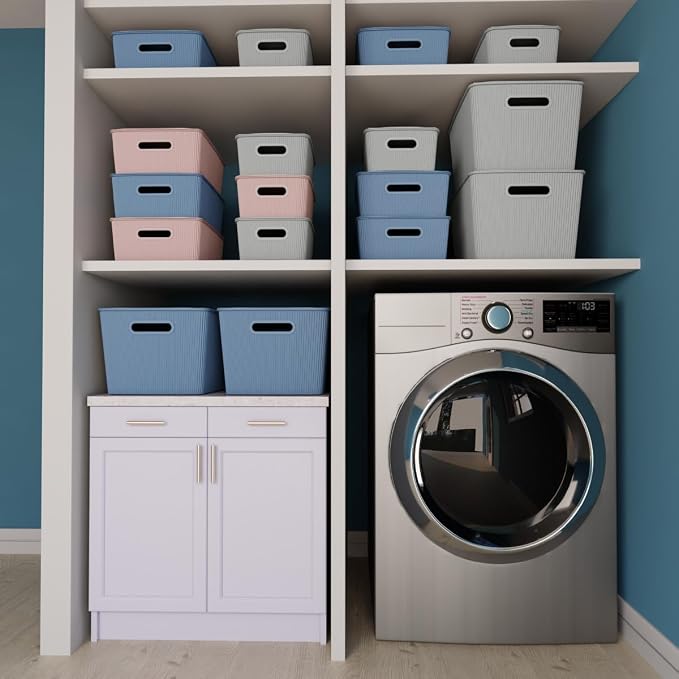 Glad Storage Baskets with Lids - Set of 4 Stackable Plastic Boxes with Handles - Decorative Shelf Organizer Bins for Bathroom and Closet, Blue, 3.1 Gallons