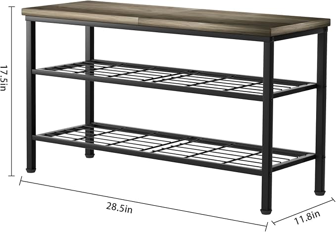 3-Tier Metal Shoe Rack with Wood Top - Durable & Space-Saving Shoe Organizer,Industrial Shoe Organizer Shelf Bench Storagefor Closet Entryway, Bedroom & Hallway - Gray + Black 28.5 W × 18" H