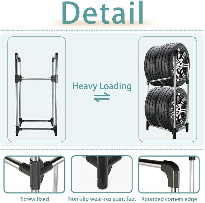 Hershii Tire Rack, Tire Storage Rack Stand Garage Storage Shelf Organizer | Rolling Tire Rack for Indoor Outdoor Use - Black + Silver 22.51'' X 14.16'' X 45.11''