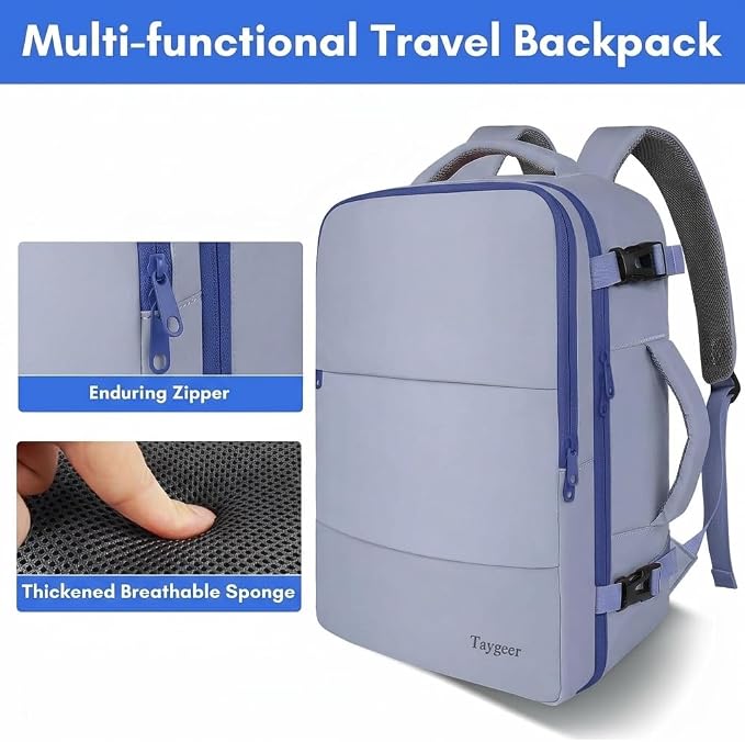 Taygeer Large Travel Backpack for Men Women, 35L Carry On Backpack | Airline Approved Personal Item Travel Bag with Water Bottle Pocket & Shoe Pouch, Laptop Backpack for Gym Hiking, Gray Blue