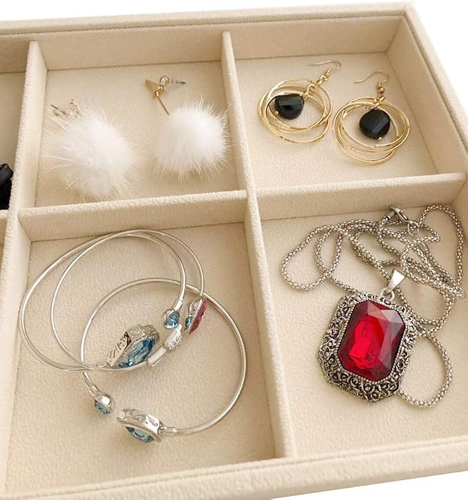 Beige Jewelry Organizer Tray 6 Compartment Medium, Stackable Display Tray for Watches Earrings Bracelets Necklaces, Removable Dividers, Slim Drawer Insert, Dressing Table Vanity Home Retail
