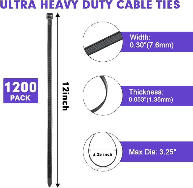 Zip Ties, RAZCC 1200pcs Black Cable Zip Ties 12 Inch, Heavy Duty Plastic Wire Ties with 100lb Tensile Strength, Self-Locking Black Nylon Tie Wraps for Indoor and Outdoor