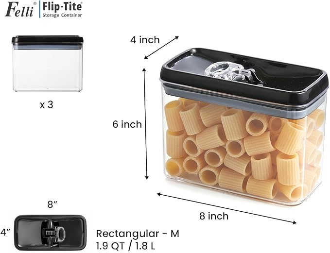 Felli Flip Tite Storage Container with Lid 4” RECTANGULAR Airtight Ring Flip Top, Stackable Kitchen Counter Pantry Organizer Acrylic Canister Jar for Pasta Spaghetti Cereal Granola Coffee