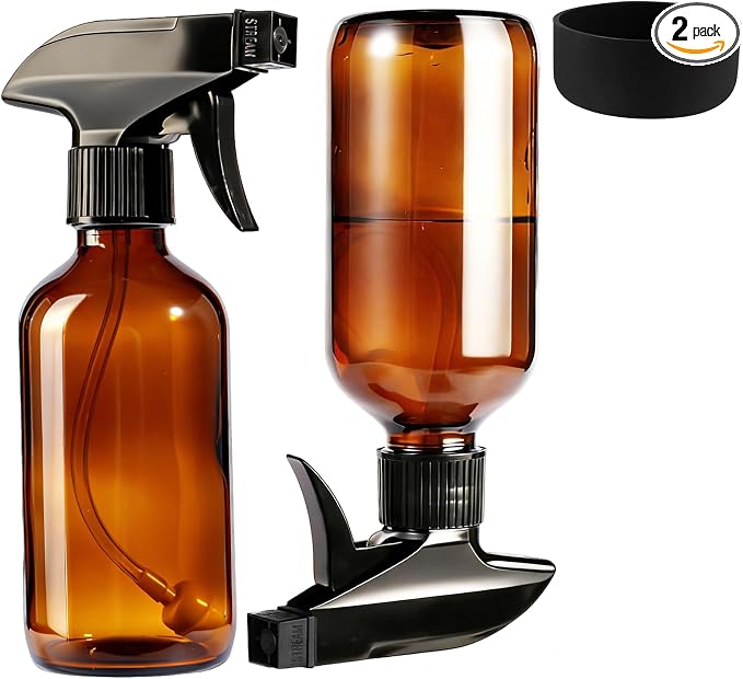 Caija-H 2 Pack Glass Spray Bottles for Cleaning，8oz 240ml Spray Bottle with Weighted Ball Straws 360° Any Angle Mist Sprayer for Kitchen Plants Pets Hair Water Mister (Amber)