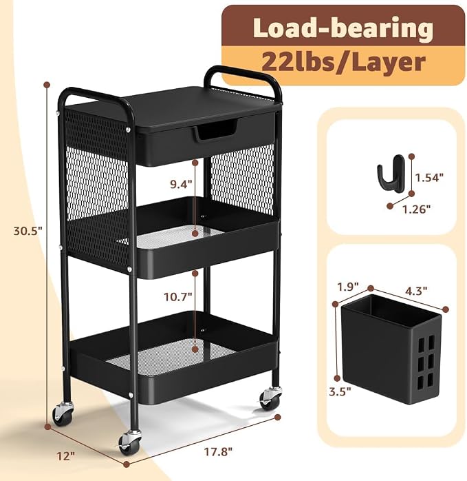 3 Tier Rolling Cart with Drawer, Metal Rolling Utility Cart on Wheels with Pegboard, Art Cart Storage Organizer with Tabletop for Living Room, Office, Bedroom (Black)