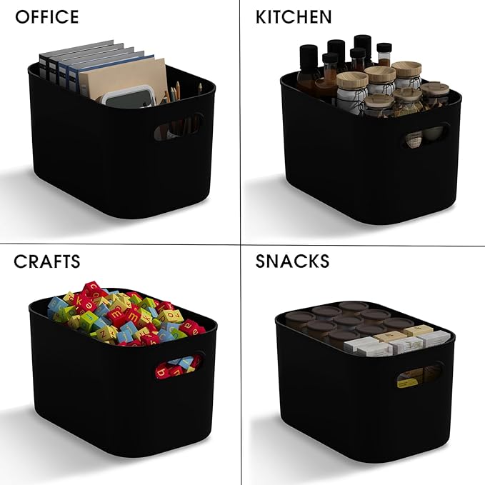 ORGIDOL 10 Pack Black Plastic Storage Bins, Storage Container for Organizing, Storage Boxes with Handle for Shelves, Cute Organizer Bins for Craft, Snacks, Pantry, Cabinet, 9.69x6.7x5.7 inch