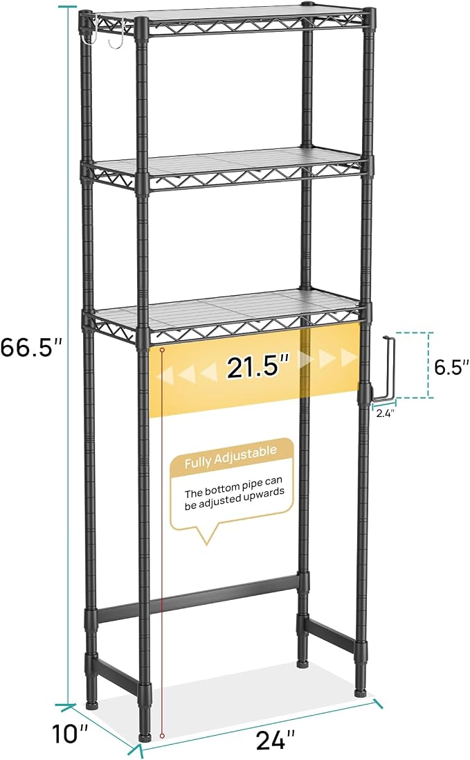 Over The Toilet Storage Shelf 3-Tier Bathroom Organizer and Storage Shelf | with Adjustable Shelf and Basket Freestanding Space Saver Above Toilet for Room Black