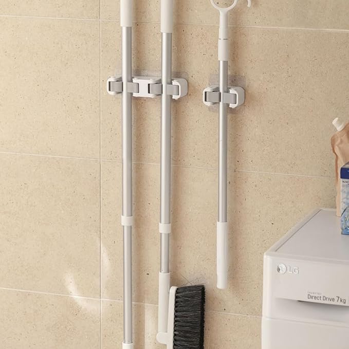 Broom Holder Wall Mount Mop and Command Broom Hanger Organizer Wall Mount Self Adhesive (Single clip+double clip)