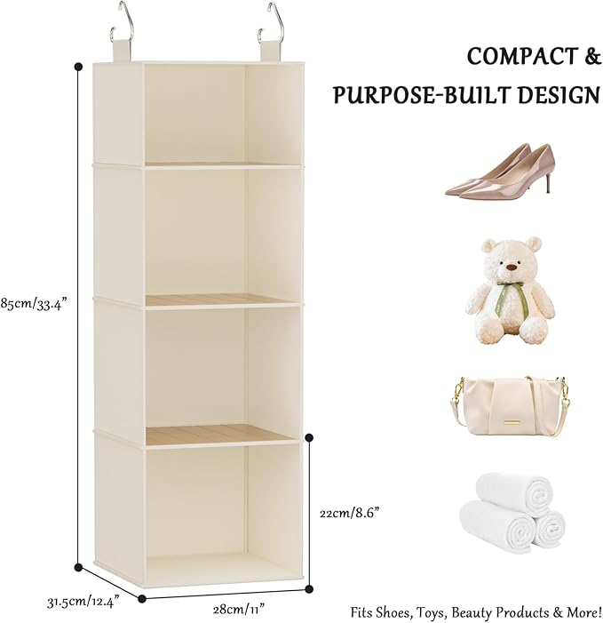 VERONLY Hanging Closet Organizer and Storage with Bamboo Shelves - Foldable Storage for Clothes, Towels, Accessories | Space Saving, No Assembly Needed (Beige)