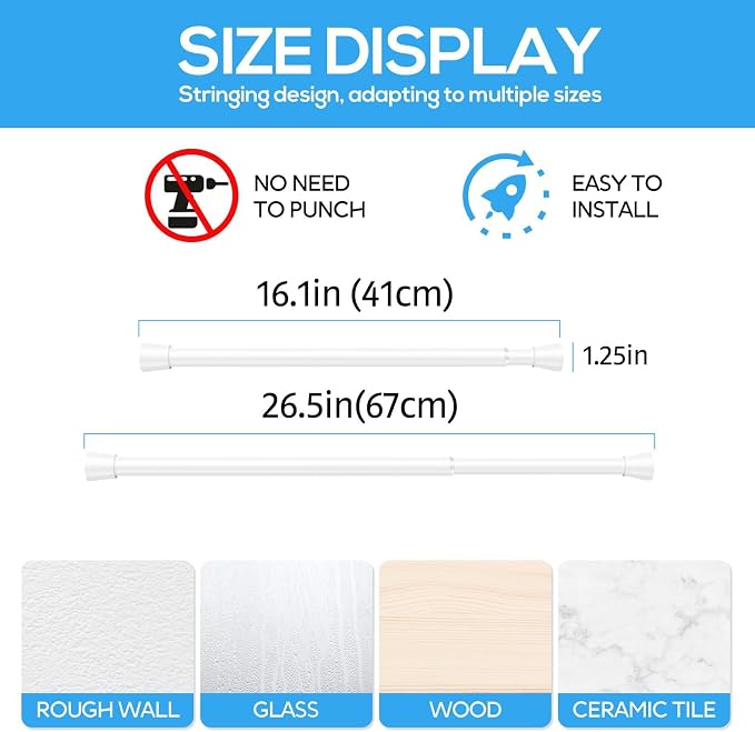 2 Pack Spring Tension Rods 18-26 Inches, 7/8 Inch Diameter White No Drill Spring Loaded Adjustable Extendable, Small Short Tension Curtain Rod for Windows Kitchen Doorway Closet Cupboard