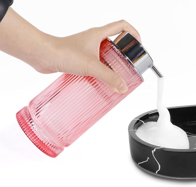 Foaming Soap Dispenser, Glass Foam Hand Soap Dispenser with Pump, 14 Oz Bathroom Refillable Liquid Lotion Pump Ribbed Bottle Container for Kitchen Countertop Decor (1, Pink Silver)