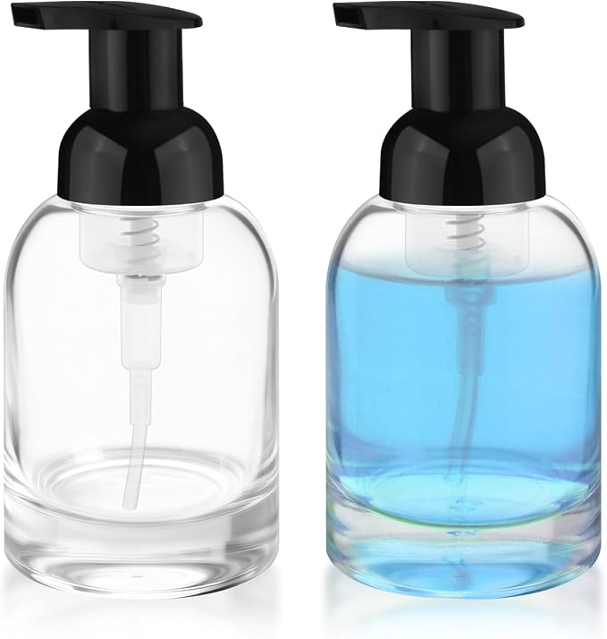 250ml 2 Pack Reusable Glass Foaming Dispenser Bottles Refillable Pump Containers for Shower Gel,Soap & Skincare Solutions