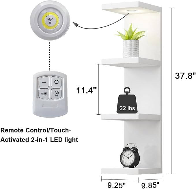 LitaEther Versatile 4 Tier Wall Shelf Unit,White Lack Wall Shelf,Display Floating Shelf with LED Remote Control Light