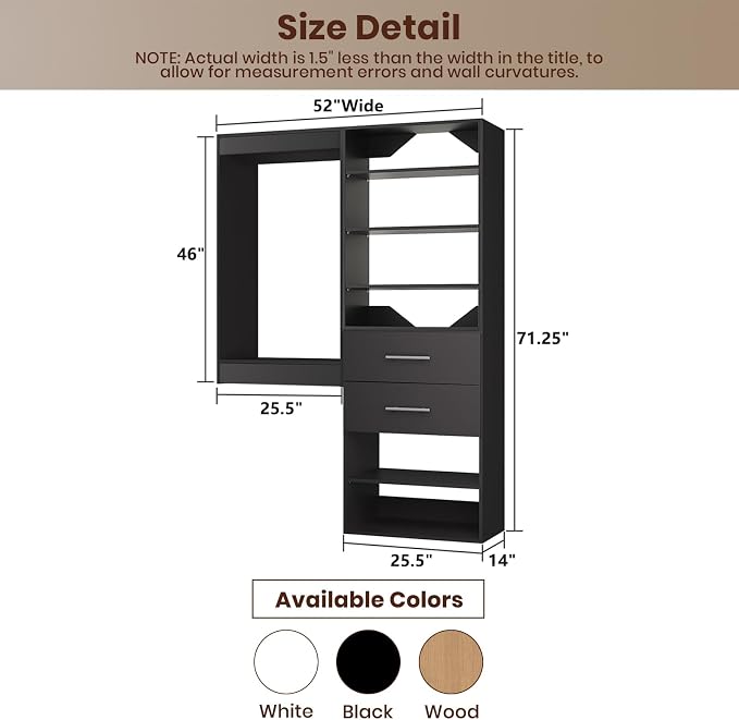 ROOMTEC Modular Closet System, 52" Wall Mounted Closet Organizer with Hanging Rods and Drawers, Wooden Tower for Walk-In Closets, Wardrobe Storage Kit, Black