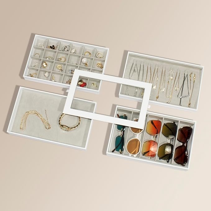 Stackable Jewelry Organizer Trays with Glass Lid,Jewelry Tray for Drawer Insert,Jewelry Display Case for Earring Necklace Ring Watch Bracelet,White PU Leather Gray Velvet Lining,6 Layers